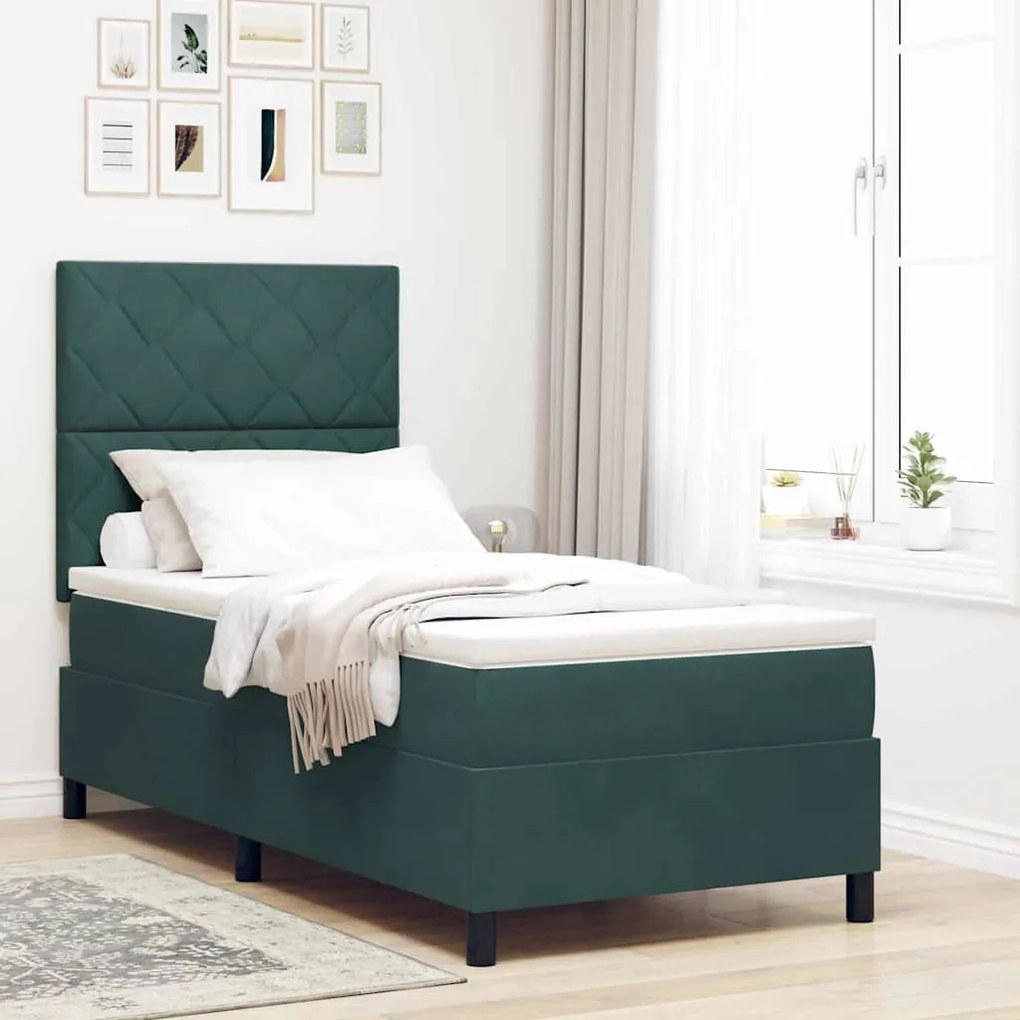 vidaXL Cama Box Spring LED com colchão Verde Escuro 90 x 190 cm tecido