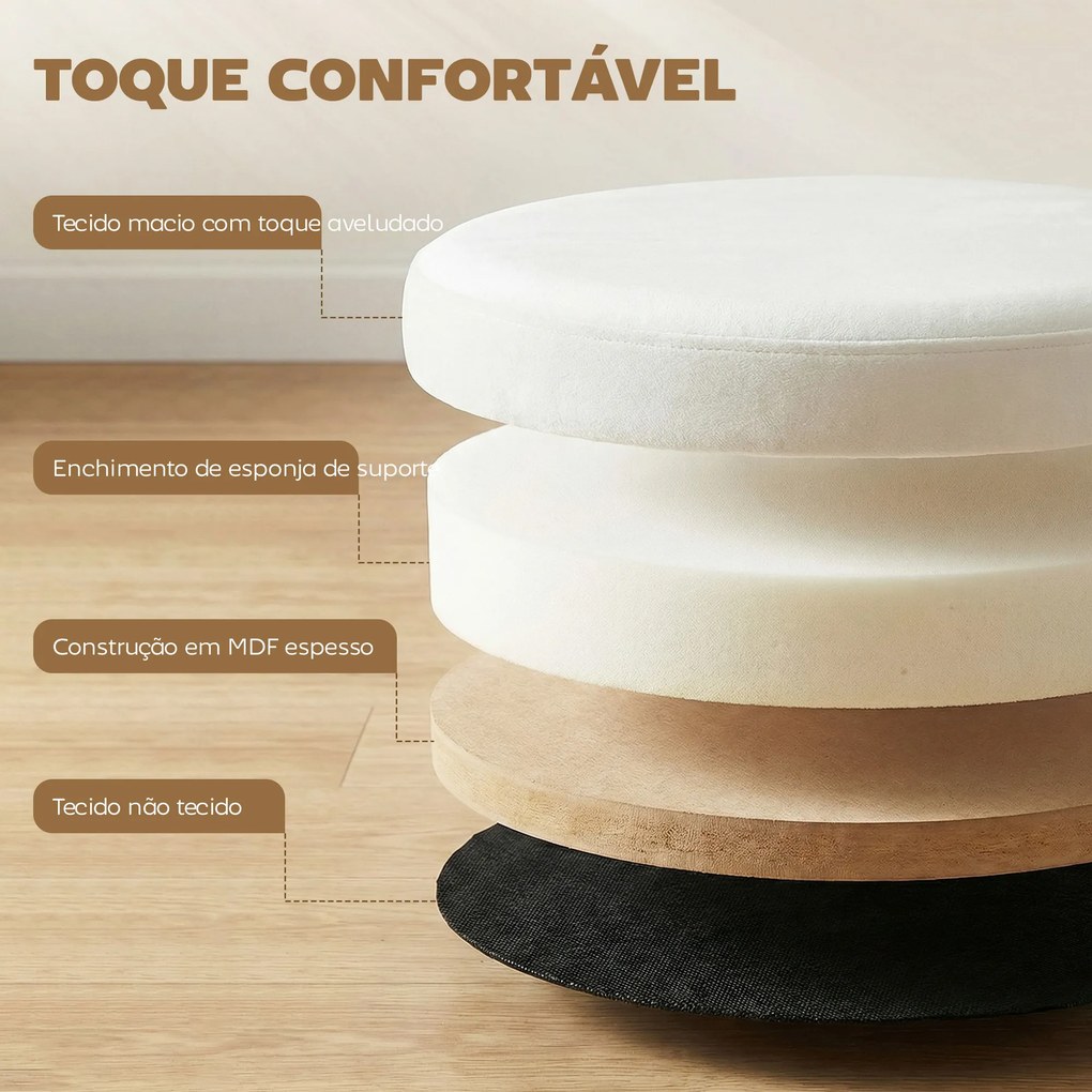 Puff de Arrumação Banco de Arrumação Dobrável 35 L 38x38x38 cm Estofado em Veludo Baú de Arrumação Redondo Creme