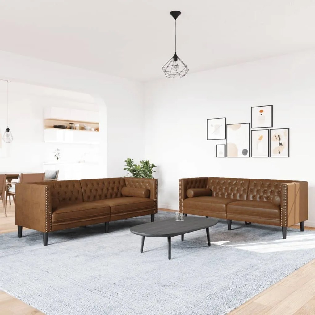 2 pcs conj. sofás chesterfield c/ rolos camurça artif. castanho