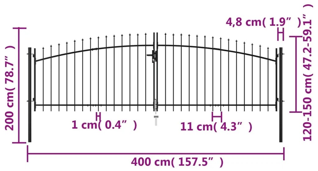 Portão de cerca com porta dupla e topo em lanças 400x200 cm