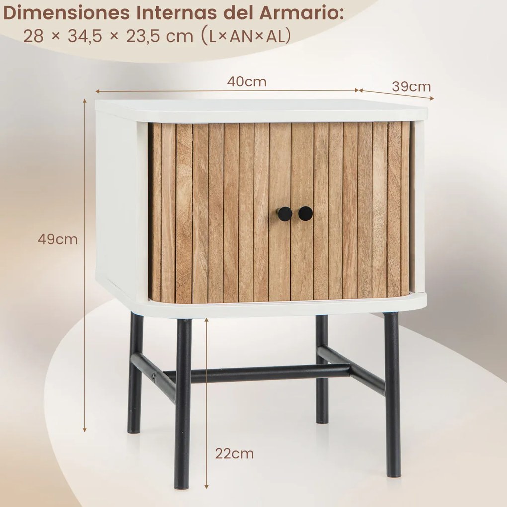Mesa de cabeceira ou de mesa de apoio com portas de correr com armário de arrumação Pés de metal 40 x 39 x 49 cm Branca