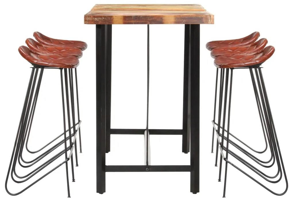 7 pcs conjunto de bar madeira recuperada maciça e couro genuíno