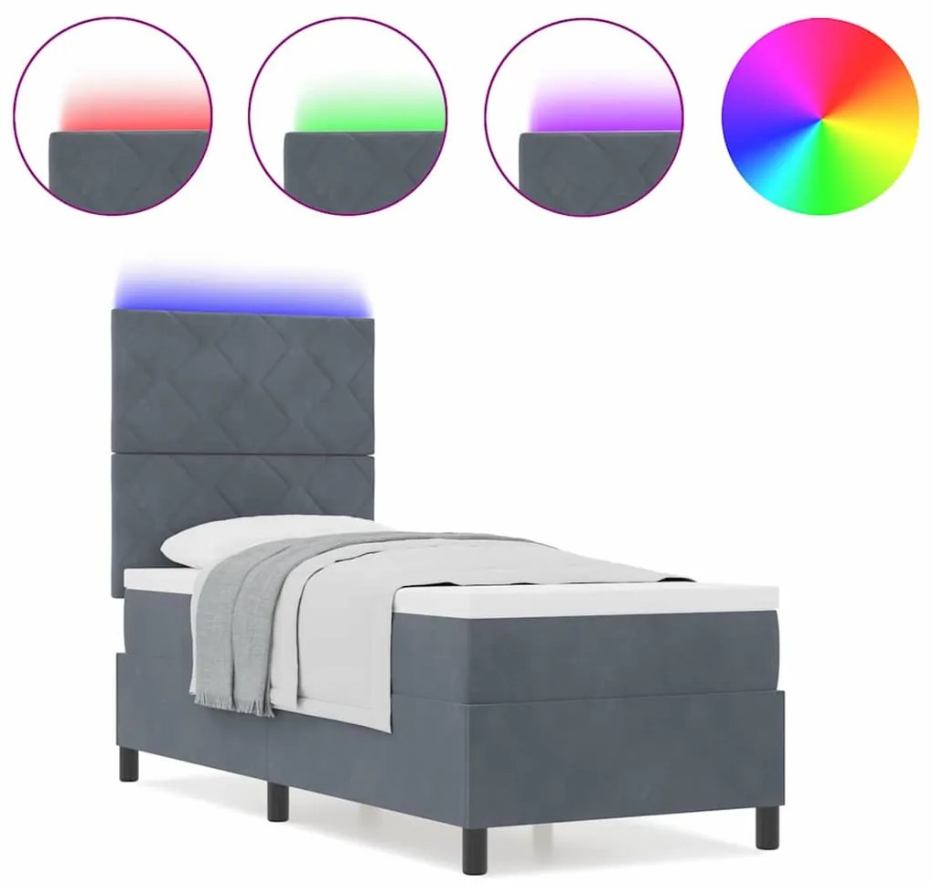 Cama Box Spring vidaXL com Colchão &amp; LED Cinza Escuro 80x200 cm Veludo