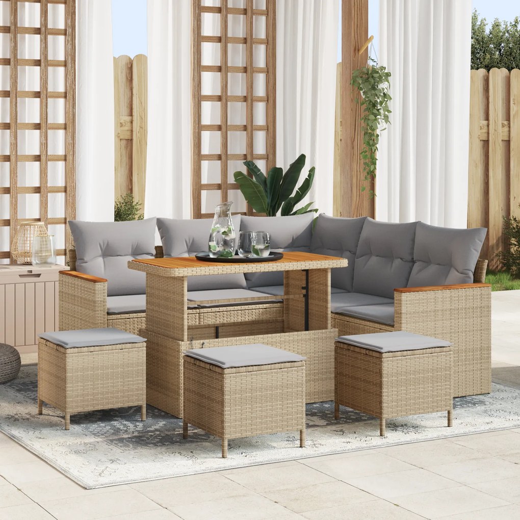 Conjunto de Sofá de Jardim de 9 peças com Almofadas em Bege de Vime Po