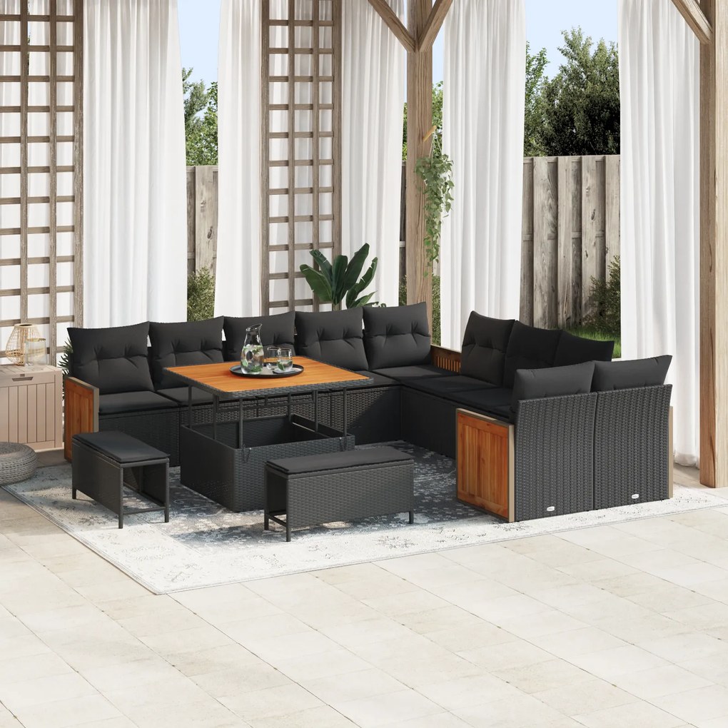 Conjunto de Sofás de Jardim de 13 Peças com Almofadas Preto Polyrattan