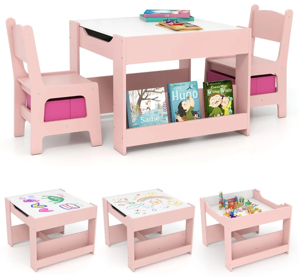 Conjunto de mesa e cadeiras infantis de atividades 4 em 1 para crianças com superfície reversível Prateleiras para livros e caixas Rosa