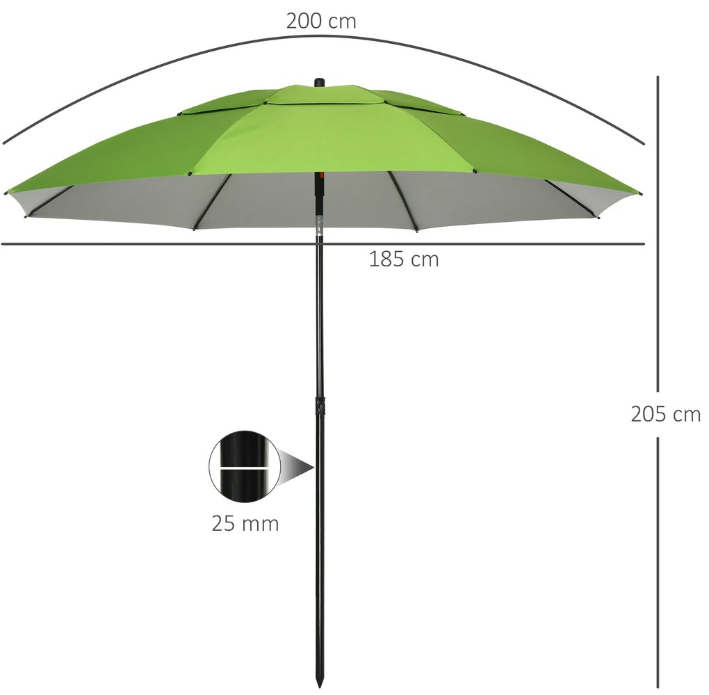 Chapéu de Sol de Praia com Teto Duplo Ângulo Ajustável Proteção UV30+8 Varas de Aço e Bolsa de Transporte Ø185x205 cm Verde