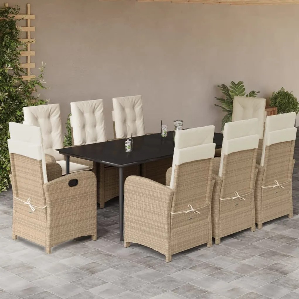 9 pcs conjunto de jantar p/ jardim com almofadões vime PE bege