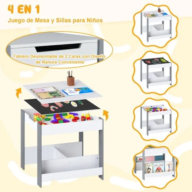 Conjunto de mesa e cadeiras para crianças Mesa de atividades em madeira com tampo reversível Prateleiras para livros e gavetas Cinzento + Branco