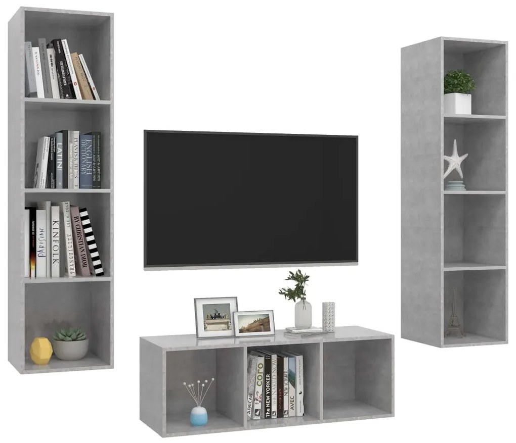 3 pcs conjunto de móveis de TV contraplacado cinzento cimento