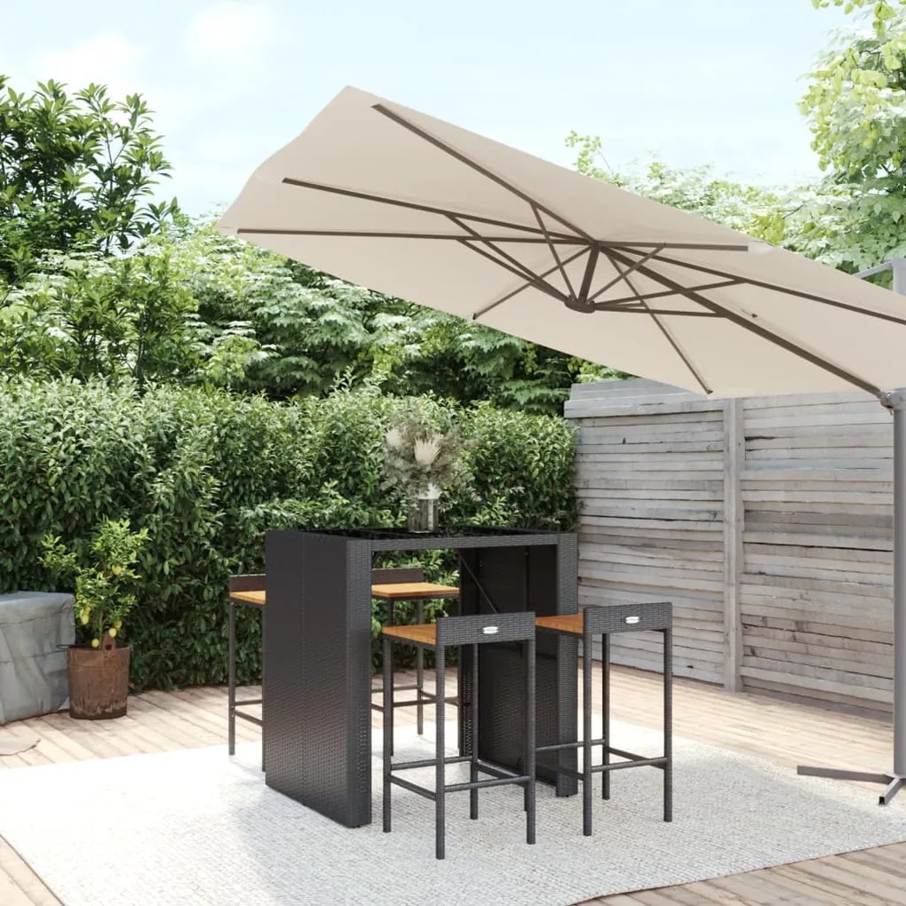 vidaXL 5 pcs conjunto de bar p/ jardim vime PE/acácia maciça preto