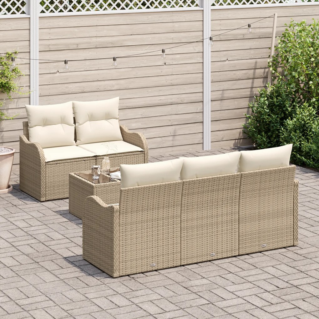 Conjunto de Sofá de Jardim com 6 Peças e Almofadas Bege Rattan Poliést