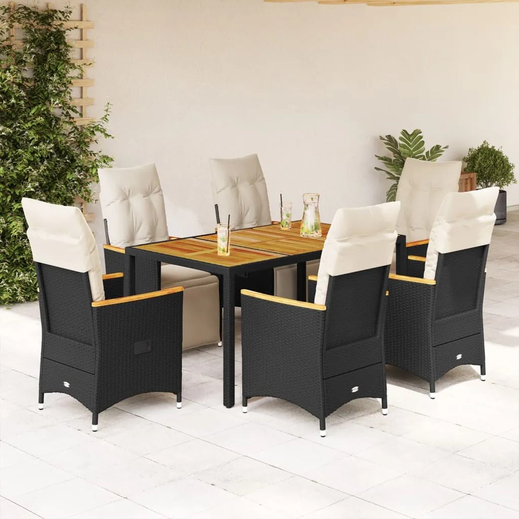 7 pcs conjunto de bistrô p/ jardim c/ almofadões vime PE preto
