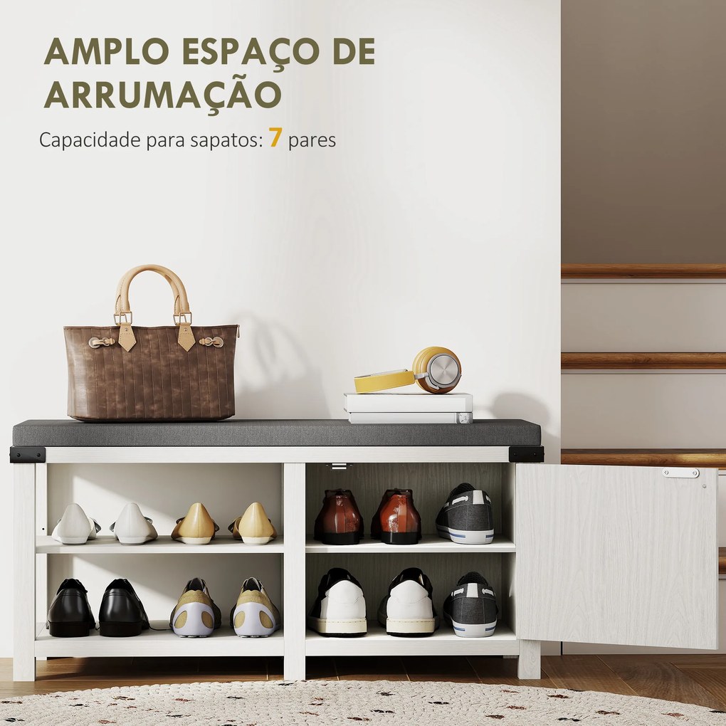Banco Sapateira Rústico Organizador de Sapatos com Compartimentos para 7 Pares de Sapatos 100x40x48 cm Branco e Cinza
