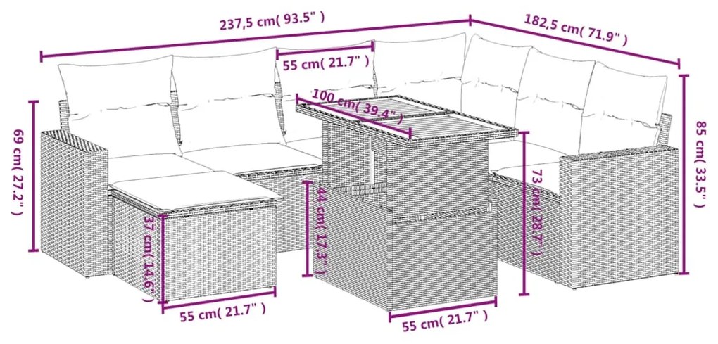 8 pcs conjunto de sofás p/ jardim com almofadões vime PE bege