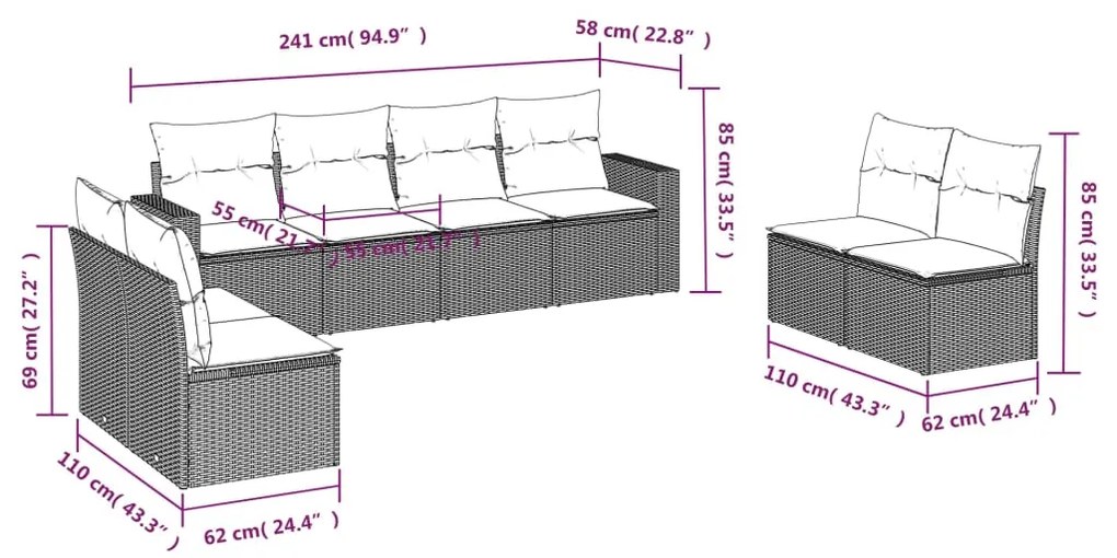 8 pcs conj. sofás jardim c/ almofadões vime PE cinzento-claro