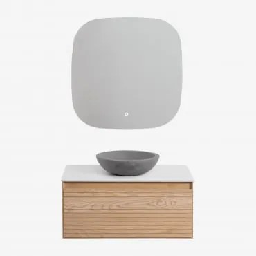 Conjunto De Móveis De Banheiro Em Madeira Tedrik Ash Castanho Fresno & Cimento Cinzento Redondo Ø40 Cm Tarsis & Quadrado Led - Sklum