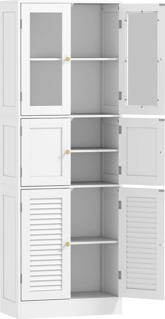 HOMCOM Armário de Casa de Banho Alto com Portas de Vidro Portas de Ripas e Prateleiras Ajustáveis 60x30x170 cm Branco | Aosom Portugal