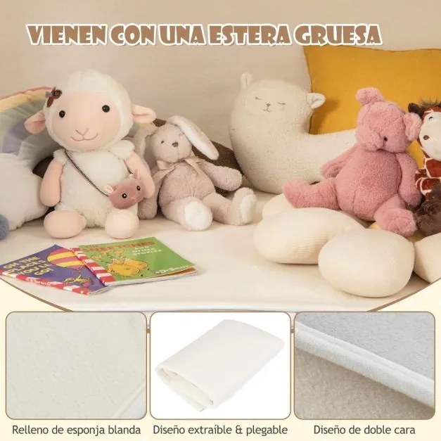 Tenda de Crianças com Tapete Acolchoado 125 x 100 x 127 cm, Luzes de Estrelas e Bandeirinhas Quadradas, Janelas e Portas Enroláveis para Crianças de 3