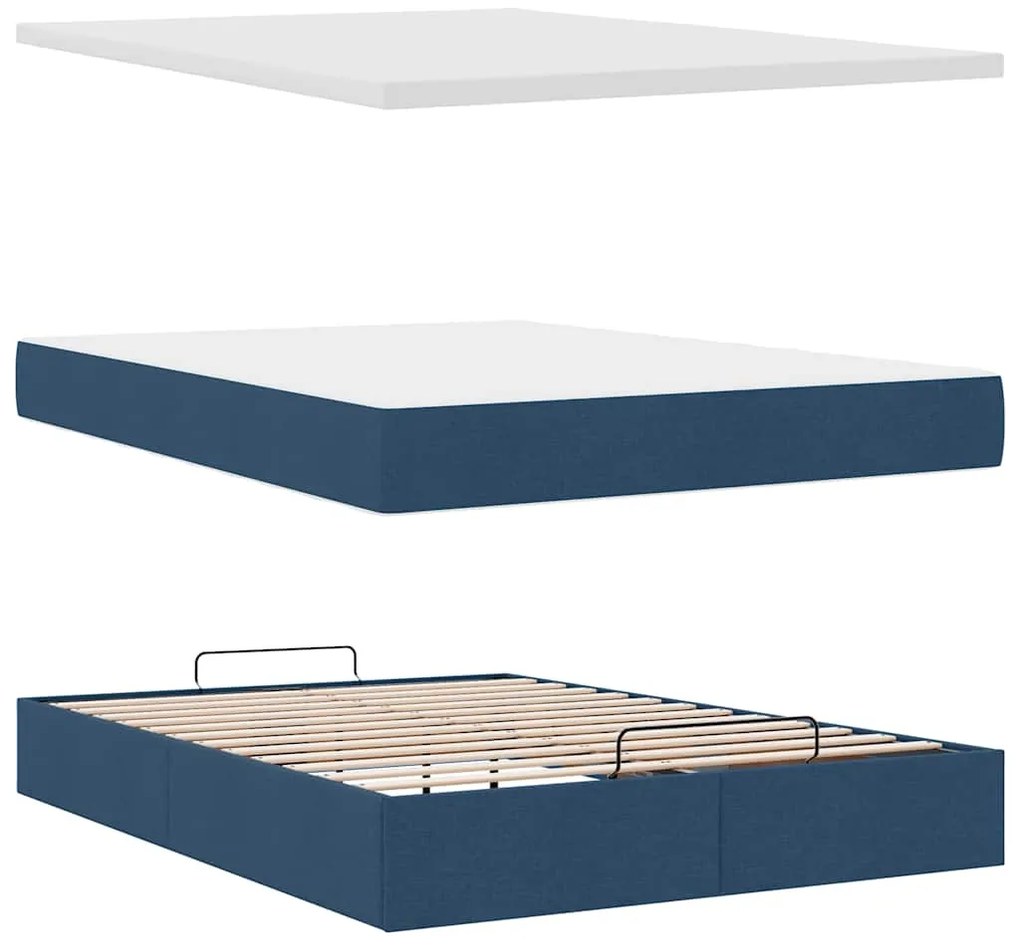 Estrutura de cama otomana com colchão tecido azul 140x200cm