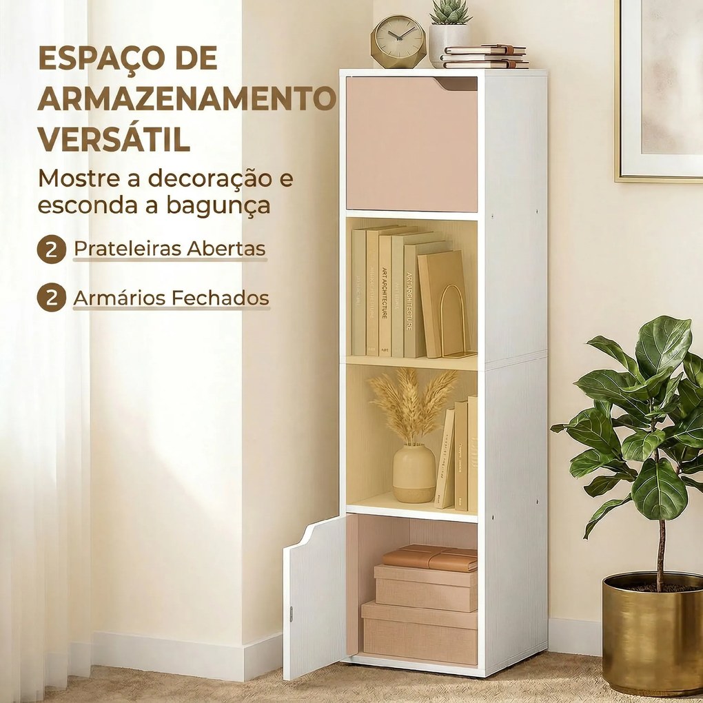 Estante para Livros com 2 Portas Estante Estreita de 4 Níveis com 2 Prateleiras Abertas 30x29x119 cm Branco