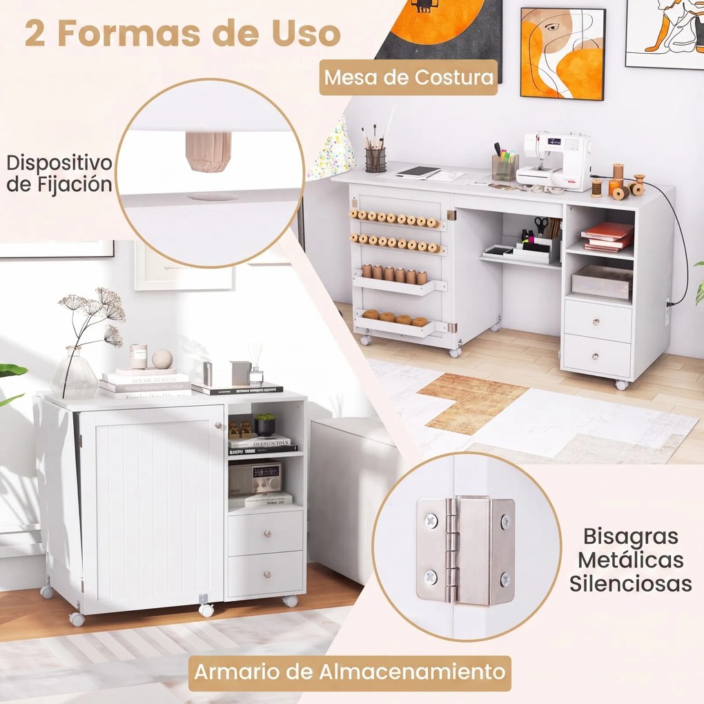 Mesa de Costura Dobrável, 88 x 50 x 78 cm, Estação de Carregamento Integrada, Branco