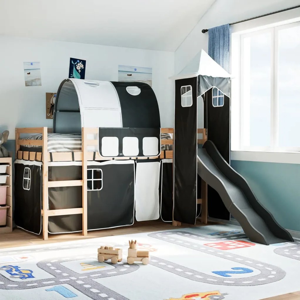 vidaXL Cama alta criança c/ torre 90x190 cm pinho maciço branco/preto