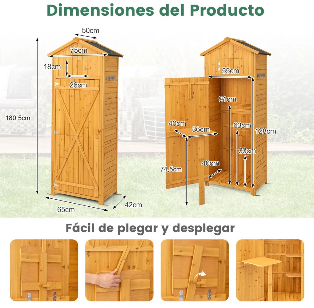 Abrigo armário de arrumação exterior para jardim Porta com fechadura Mesa dobrável Ganchos Organizador de ferramentas 75 x 50 x 180,5 cm