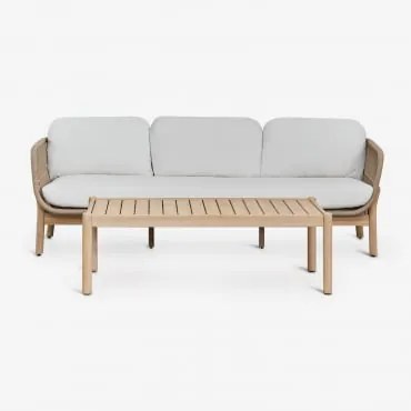 Conjunto De Jardim Com Sofá De 3 Lugares E Mesa De Centro Retangular 120x60 Cm Em Madeira De Acácia E Corda Trançada Karvia Marrom Acácia Claro & Teci