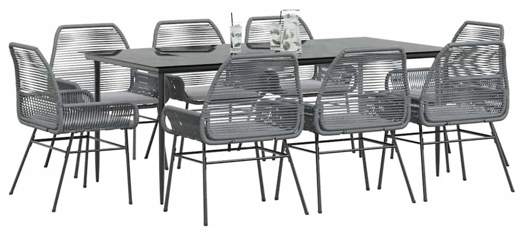 Conjunto jantar jardim 9 peças almofadas vidro vime cinzento PE