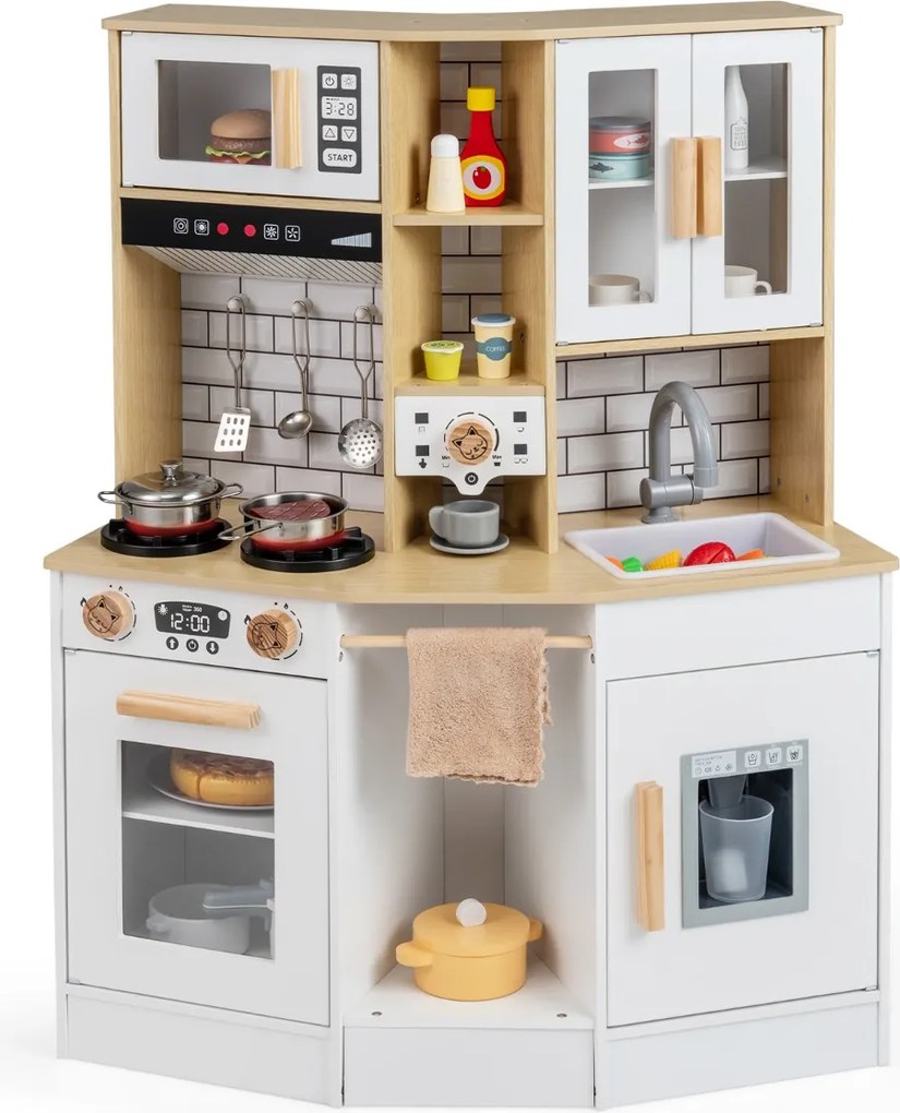 Cozinha de brincar para crianças 75 x 36 x 96 cm de madeira com som e luz Fogão Pia Exaustor Acessórios de cozinha Branco e Natural