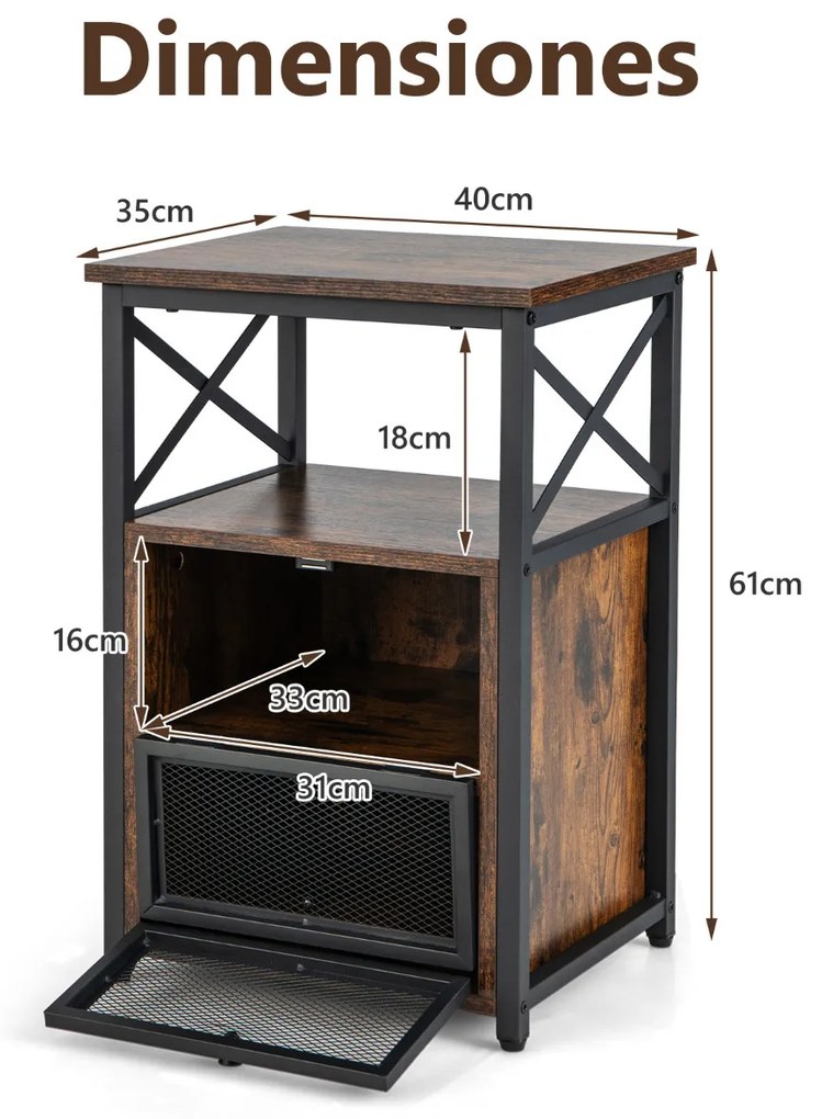 Conjunto 2 Mesa de cabeceira ou Mesas apoio 61 cm x 40 cm x 35 cm com 3 níveis industrial e 2 gavetas rebatíveis Estante aberta Castanho