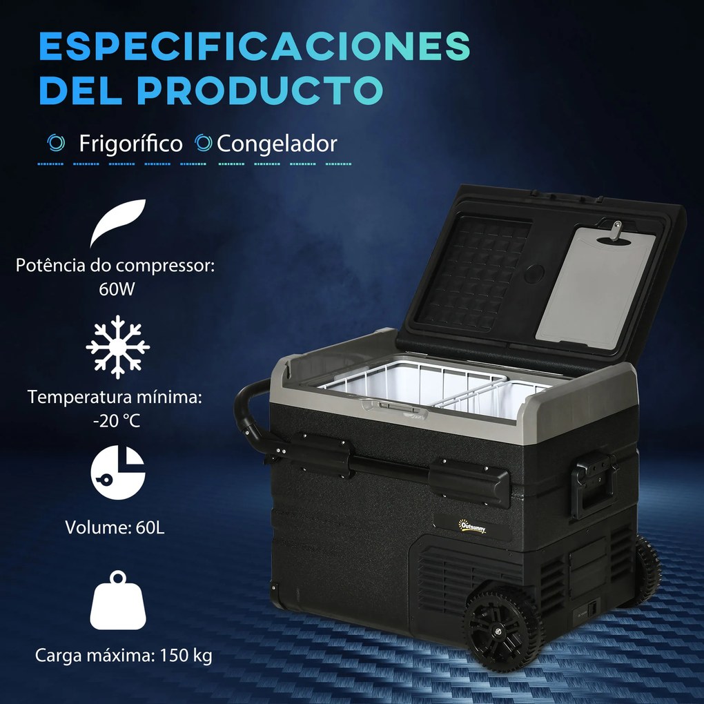 Geleira de Compressor Portátil 60L Geleira de Carro CC 12V/24V até -20℃ com Ecrã LED Tátil 71,1x46x57,1 cm Preto