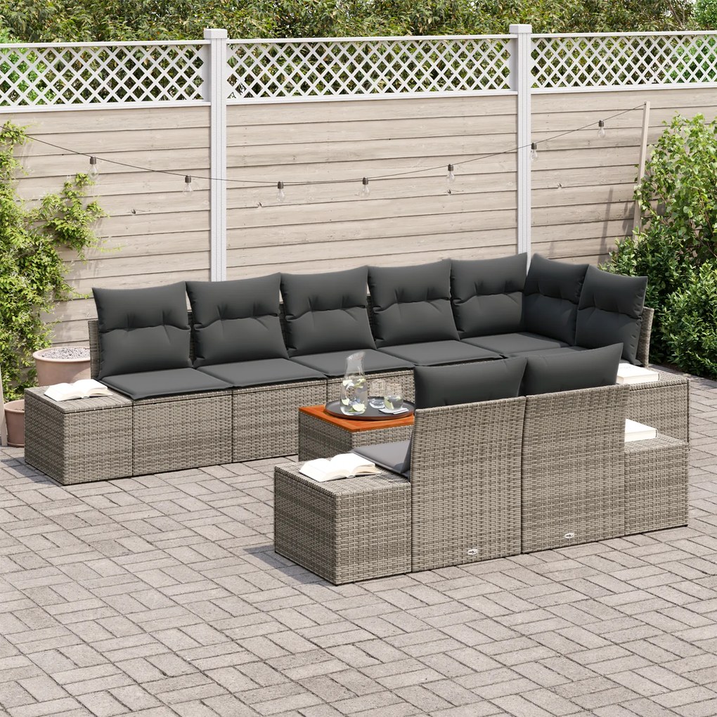Conjunto de Sofás de Jardim 9 Peças com Almofadas Cinza Rattan PE Acác