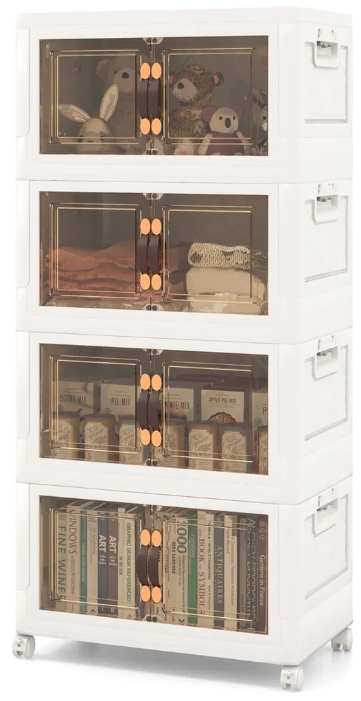 Conjunto de 4 caixas de arrumação empilháveis com portas de rodas com fecho e tampas dobráveis em PP para o quarto Branco 49,5 x 31,5 x 112,5 cm