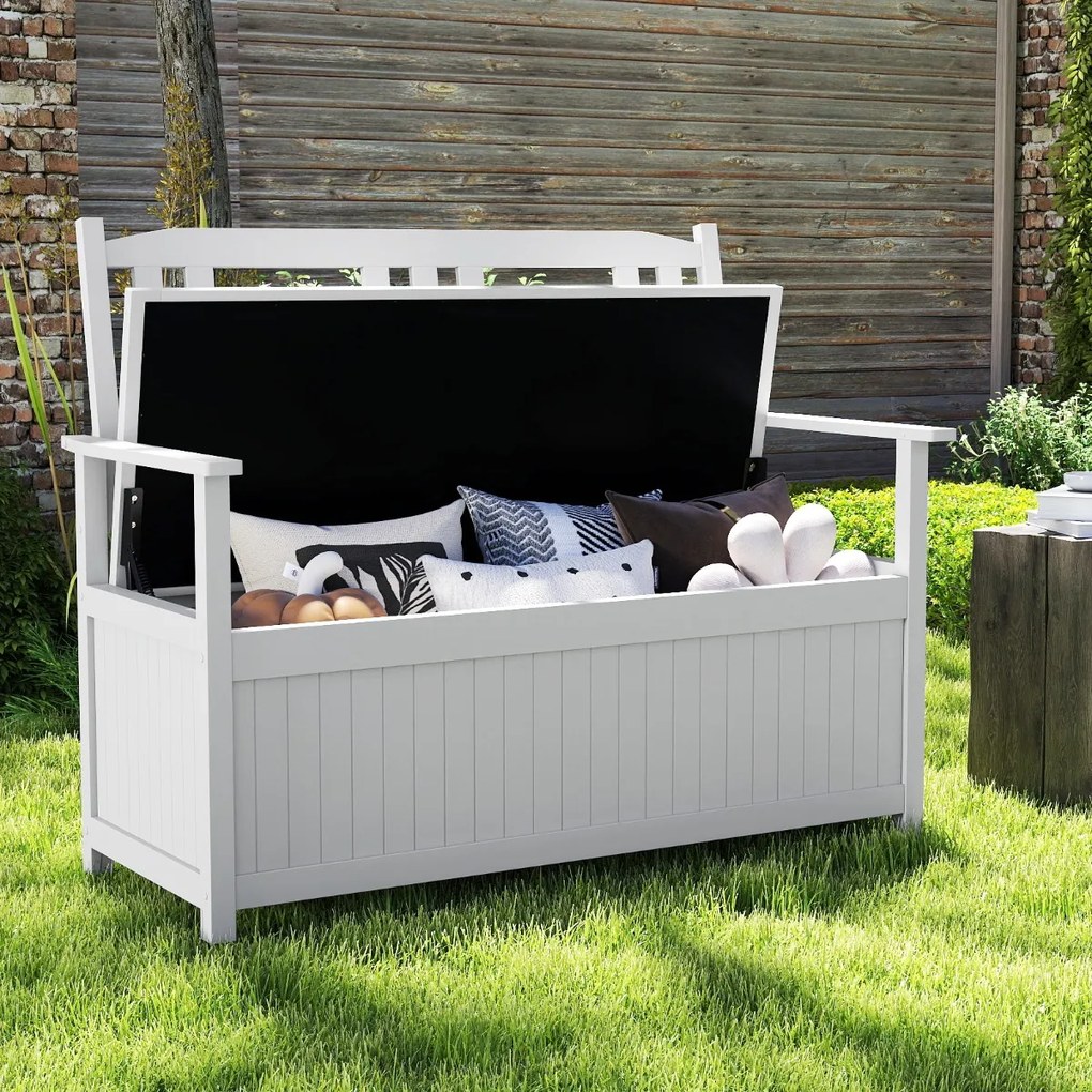 Banco jardim 123 x 68,5 x 96 cm com armazenamento para pátio com 185 L para 2 pessoas com encosto e braços branco
