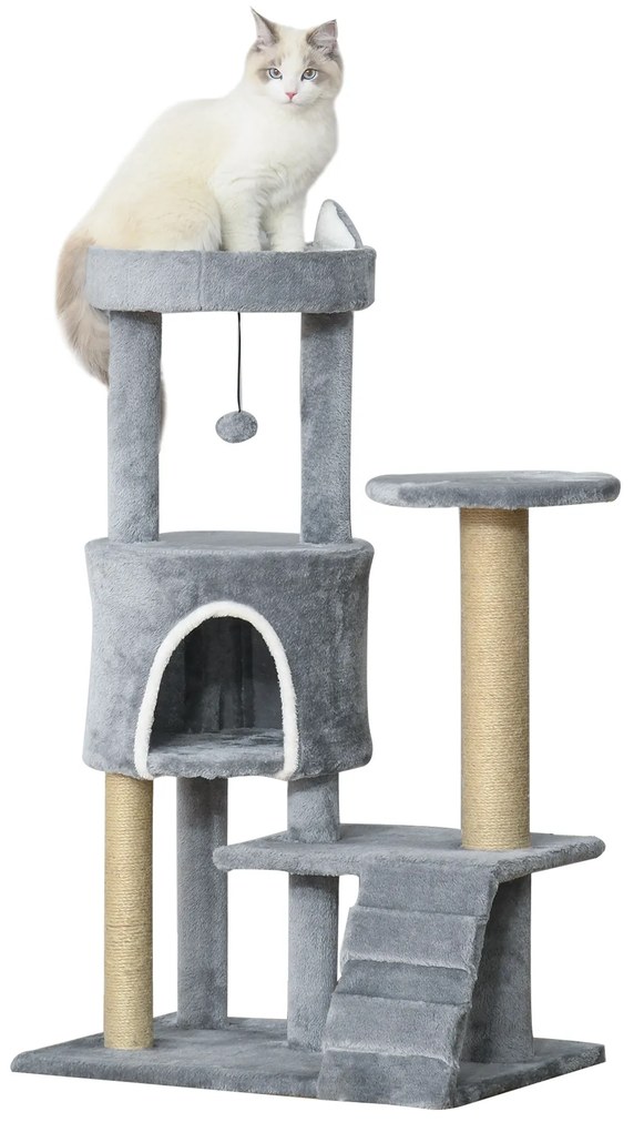 PawHut Arranhador para Gatos Médio de 5 Níveis com Plataforma Ninho Postes de Sisal Escada e Bola Suspensa 60x40x100 cm Cinza