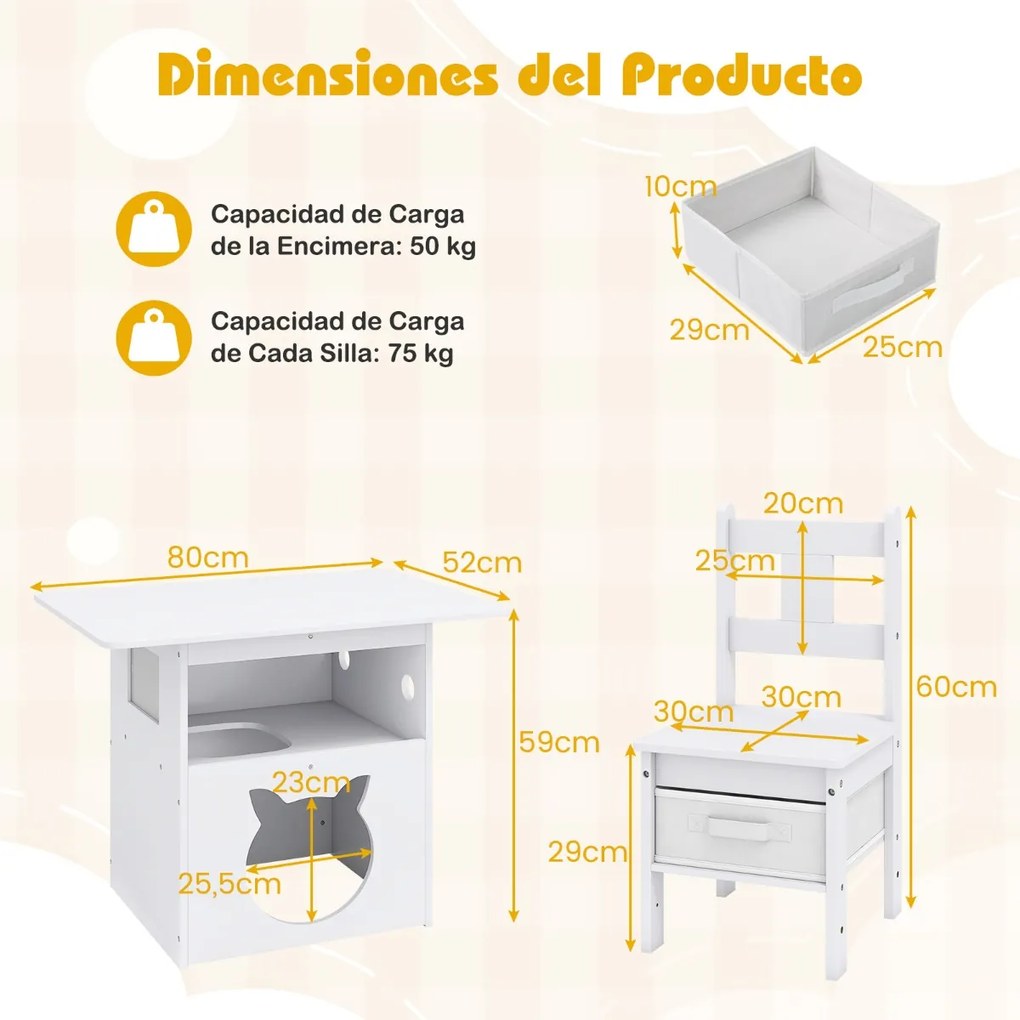 Conjunto de mesa e cadeiras infantil 2 em 1 com casinha para gatos e janela transparente. Inclui cubos de tecido para crianças com mais de 3 anos. Bra