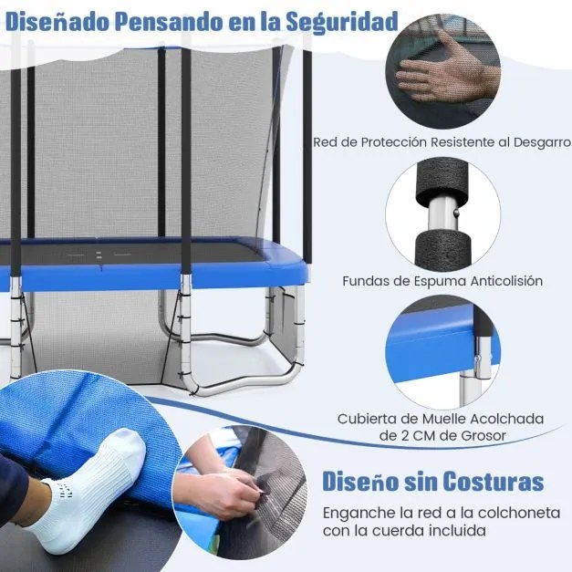 Trampolim retangular com aro de basquetebol, baliza de futebol, saco de armazenamento e escada 317 x 255 x 270 cm Azul