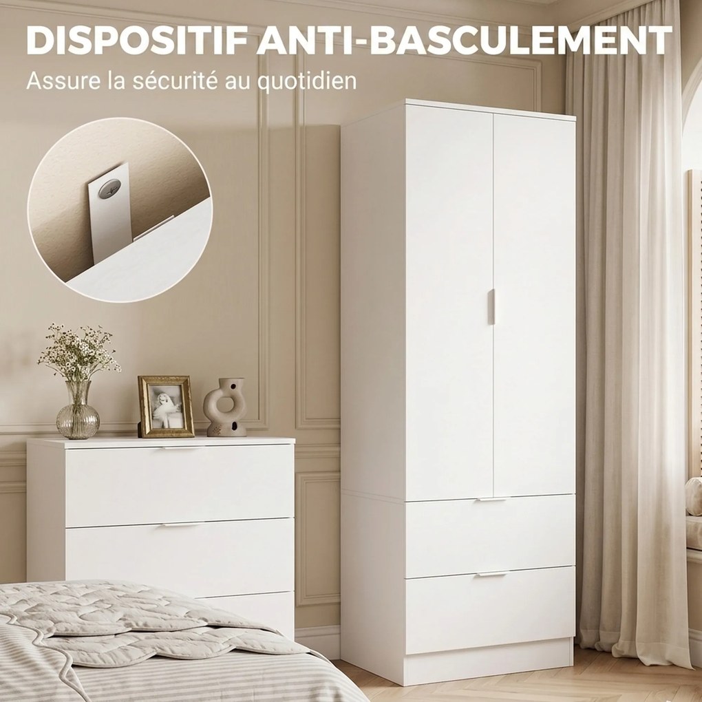 Guarda roupa, 60 x 47 x 180 cm, Com 2 Gavetas, Branco