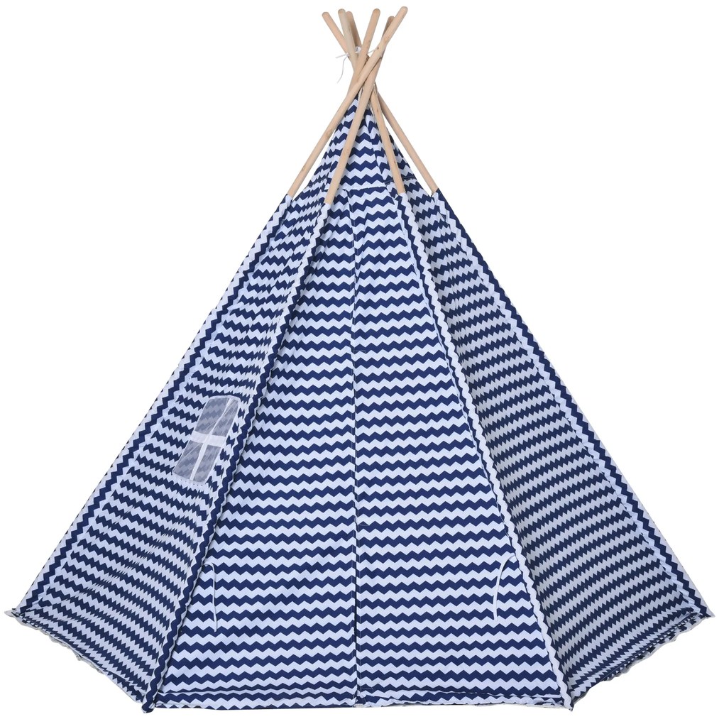 HOMCOM Tenda Infantil Tipi infantil estilo indiano com janela para cobrir o piso e 2 almofadas Bolsa de transporte 200x200x170 cm Azul