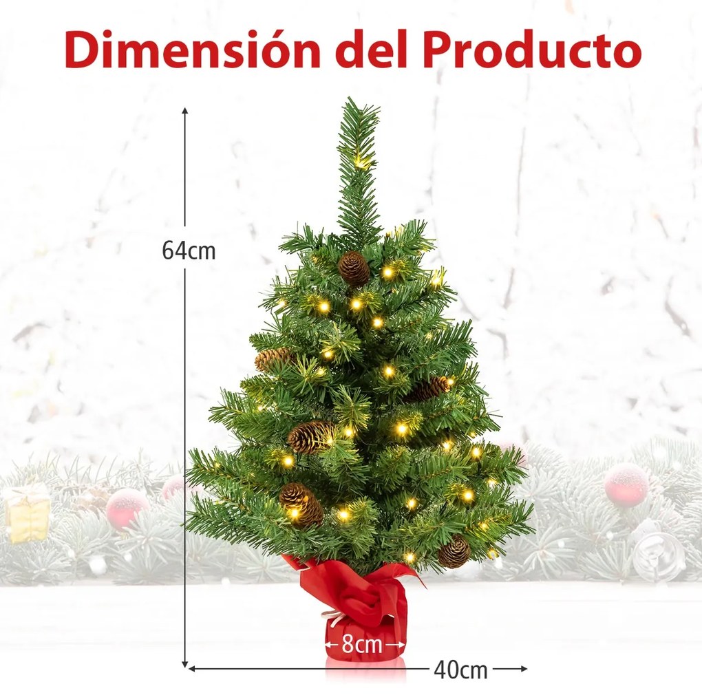 Árvore de Natal 64 cm Pequena Pré-iluminada para Mesa com 50 Luzes LED 8 Modos de Luz Base de Cimento Verde
