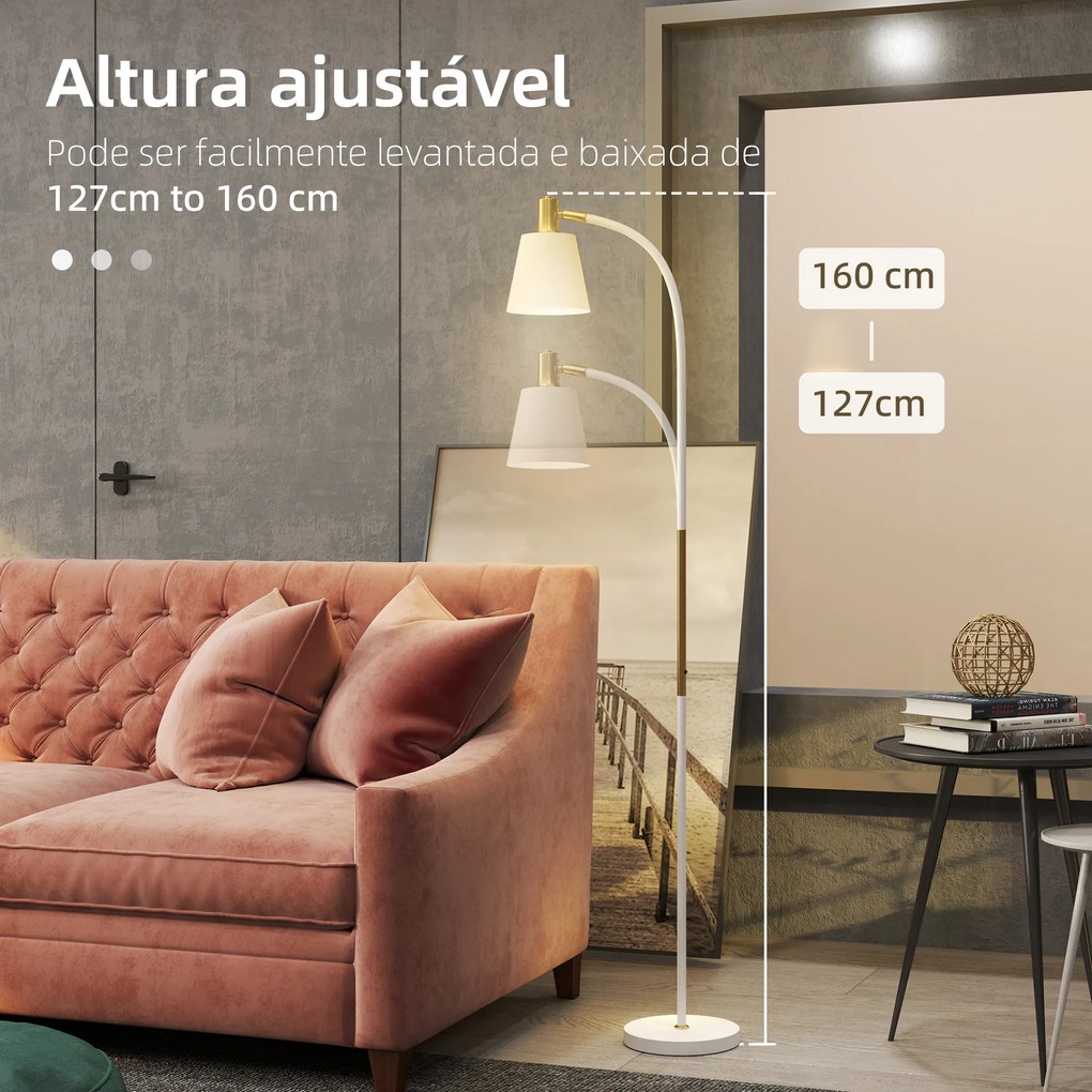 Candeeiro de Pé LED com Altura Ajustável Ecrã Interruptor para Sala de Estar Escritório Quarto 49x21x127-160 cm Branco e Dourado