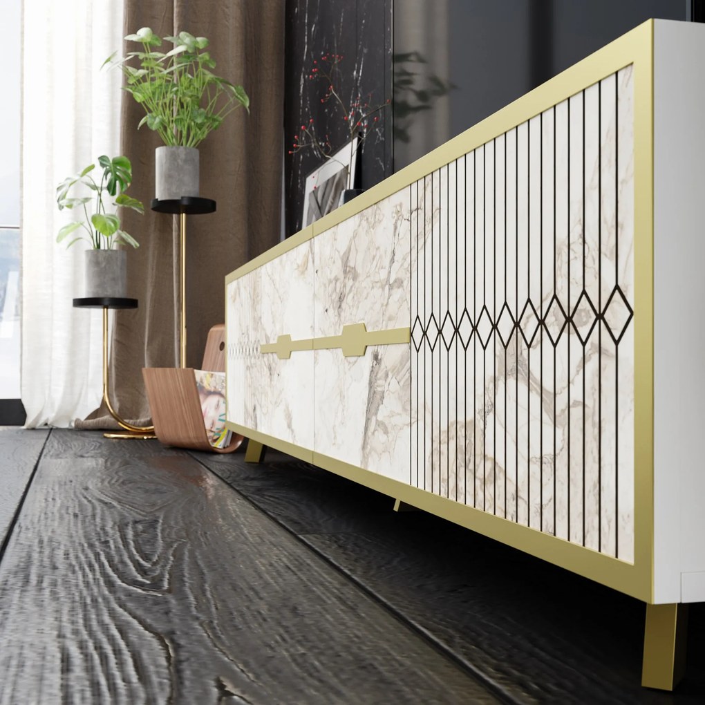 Aparador ELOISE, bilaminado mármore branco com detalhes dourados, 180 cms