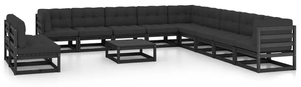 vidaXL 12 pcs conjunto longue jardim c/ almofadões pinho maciço preto