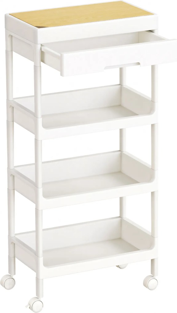 Carrinho cozinha com gaveta 25,5 x 41 x 91 cm, carrinho de cozinha com 4 prateleiras, tampo superior amovível branco com acabamento em carvalho