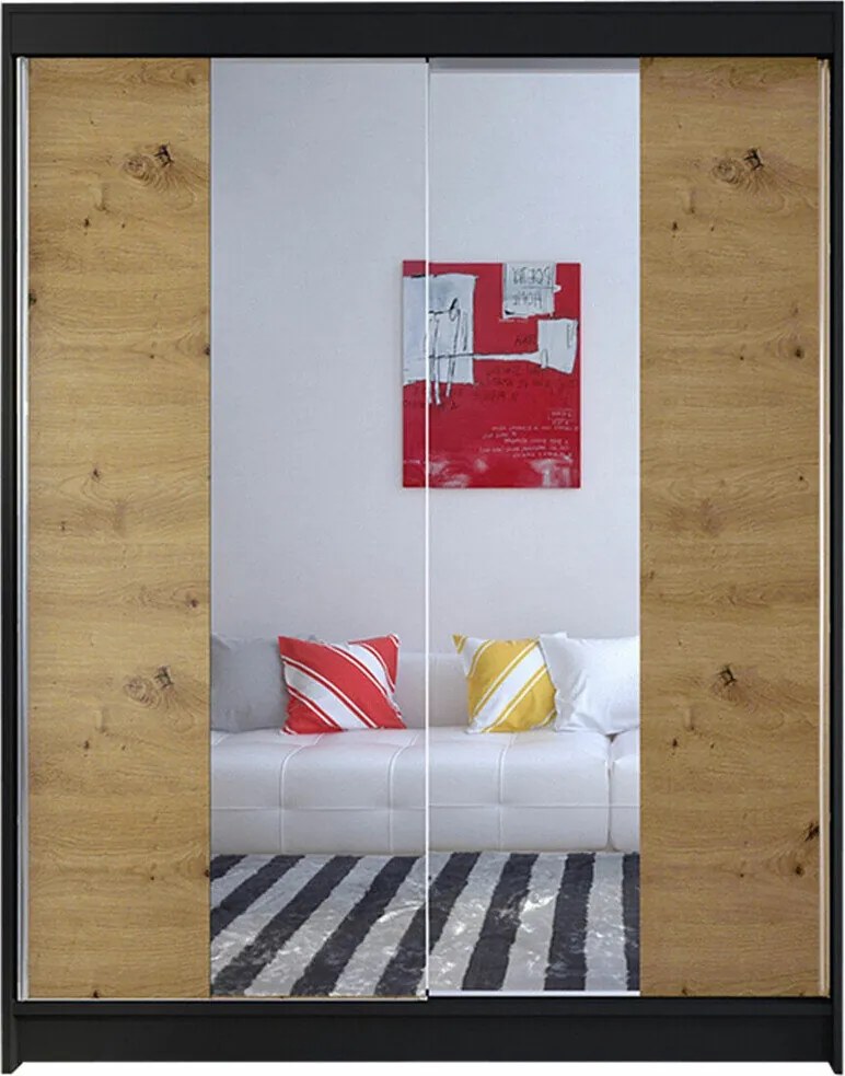 Roupeiro Closico Vastor II, Carvalho Artisan, Preto, 200x150x58cm, 118 kg, Portas para roupeiro: Deslizante, Número de prateleiras: 5, Número de prateleiras: 5