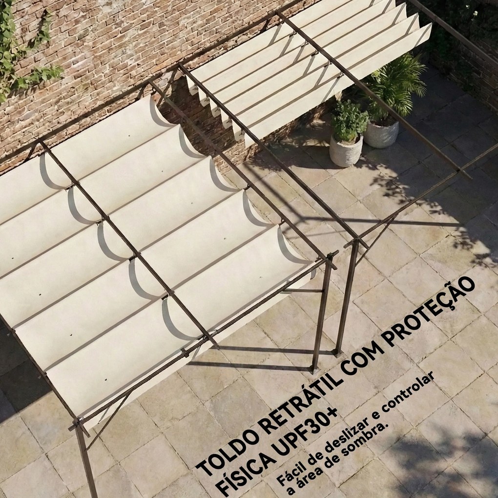 Pérgola de Jardim Adossada 3x3 m com Telhado Retrátil Proteção UPF30+ e Drenagem Pérgola de Exterior em Creme