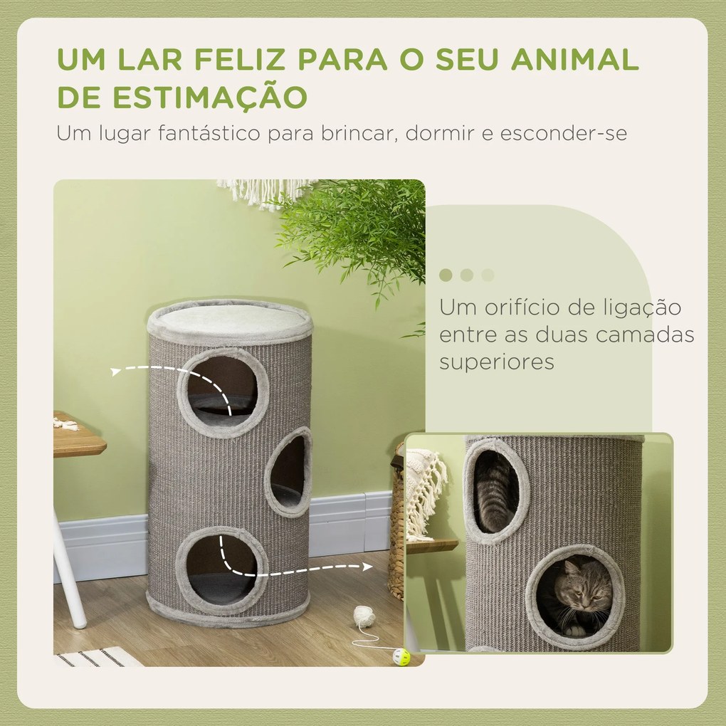 PawHut Barril para Arranhar Gatos de 3 níveis Torre para Arranhar Gato