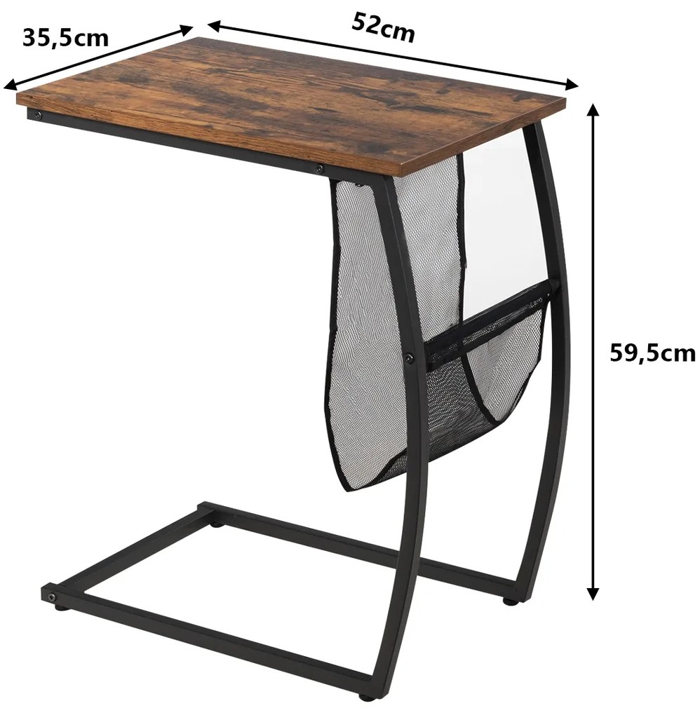 Mesa apoio em forma de C com bolso lateral em estilo industrial para sofá e cama de sala de estar 52 x 35,5 x 59,5 cm Castanho